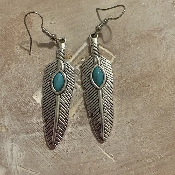 Silver Feather Earrings with Turquoise Accent - Picture 1 of 1